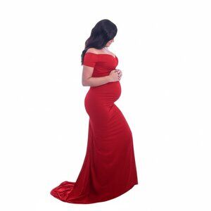 Anyuta Couture Sona Red Maternity Photoshoot dress with train Handmade